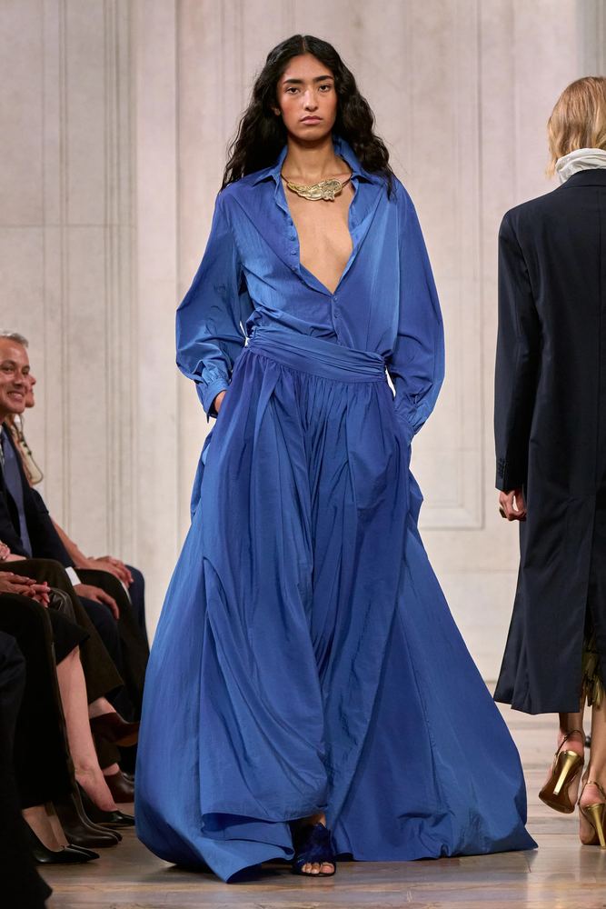 Cobalt silk shirt gown with a sweeping full skirt, Ralph Lauren S/S 27, New York.