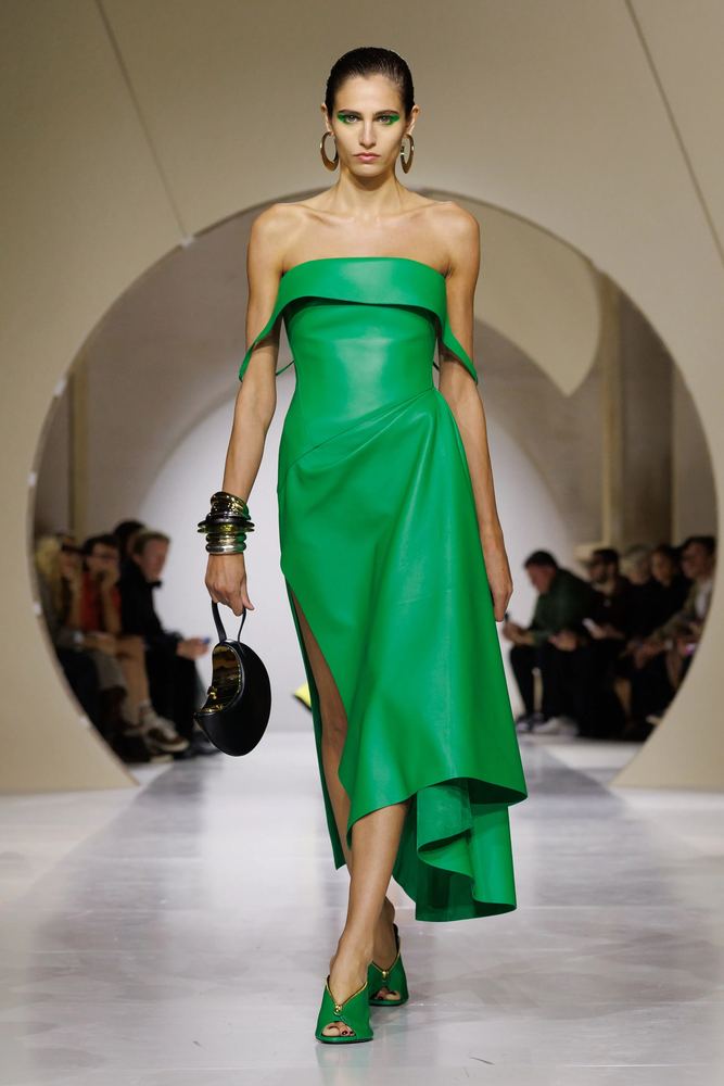 Leaf green leather dress with a folded off-shoulder neckline, Givenchy S/S 27, Paris.