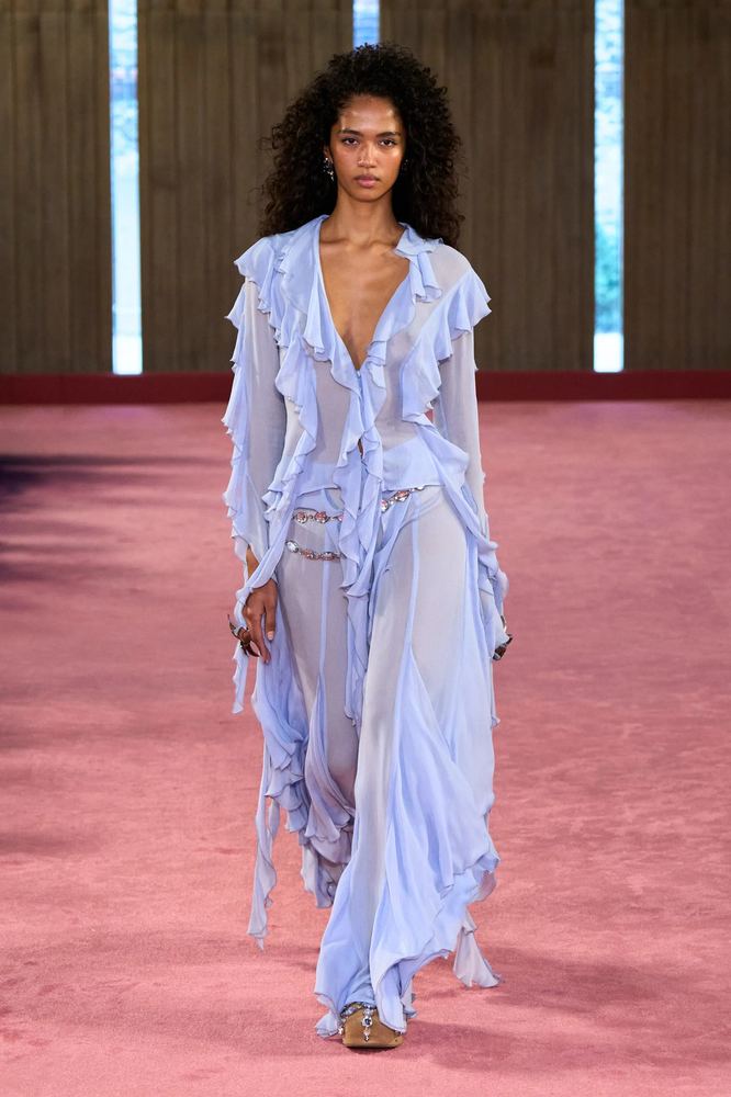 Lavender chiffon blouse and trousers edged in soft ruffles, Blumarine S/S 27, Milan.
