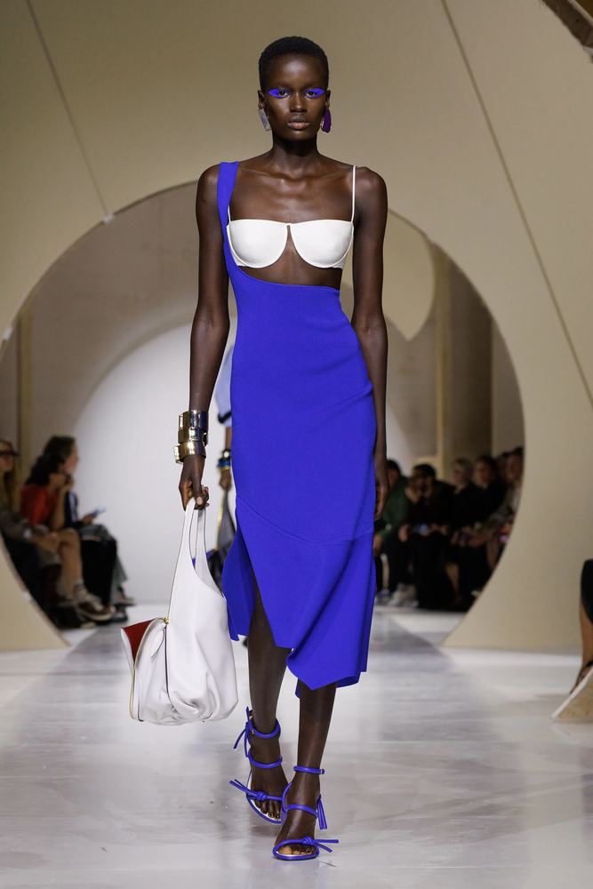 Cobalt dress with an asymmetric strap and a white bandeau, Givenchy S/S 27, Paris.