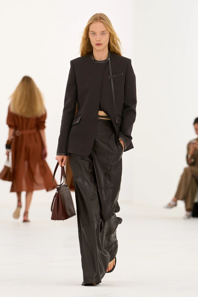 Tailored jacket and wide leather trousers in brown and black, Hermès S/S 27, Paris.