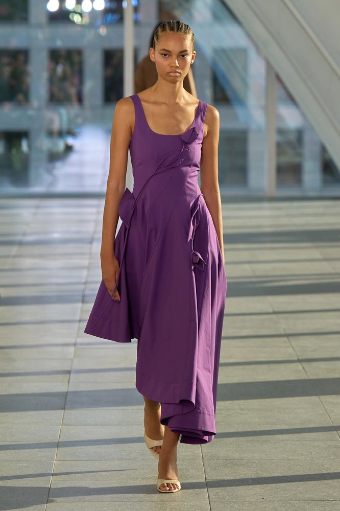 Violet cotton dress with a sculpted, asymmetric skirt, Monse S/S 27, New York.