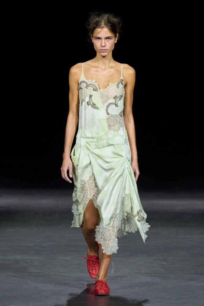 Mint satin slip dress with lace insets and an embellished neckline, Erdem S/S 27, London.