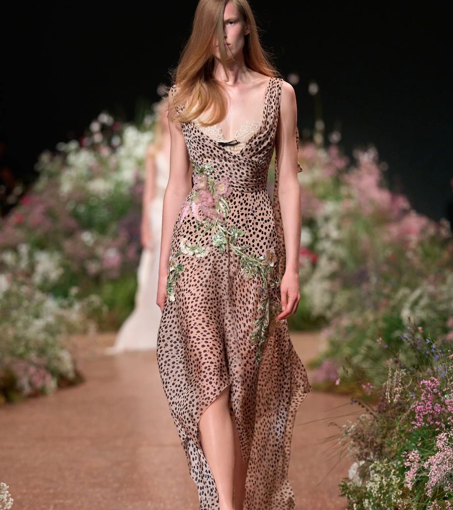 Leopard spots on a draped silk slip dress traced with a climbing floral vine, Elie Saab S/S 27, Paris.