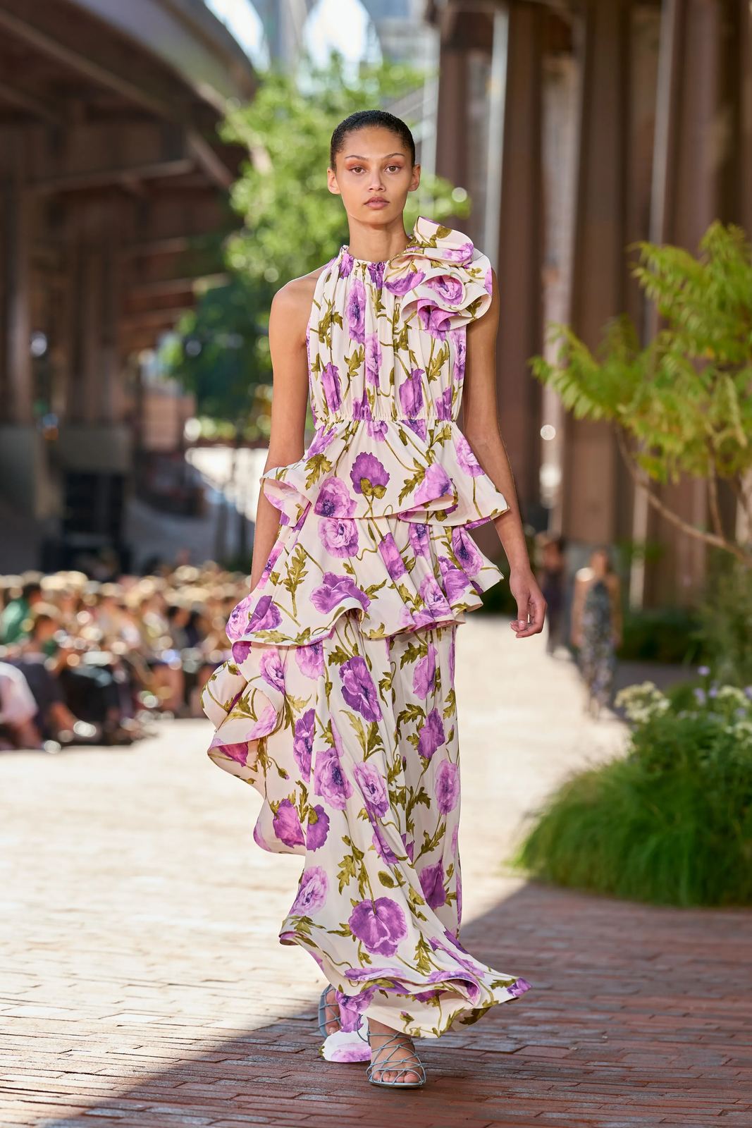 Violet blooms painted across a tiered ruffle maxi dress, Ulla Johnson S/S 27, New York.
