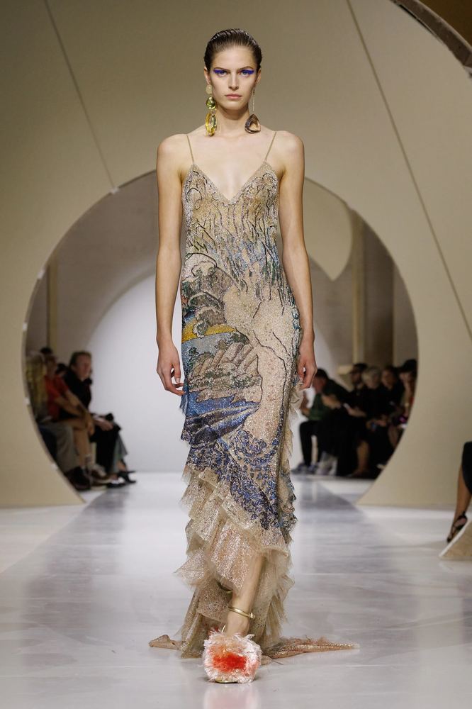 Engraved landscape print on a bias-cut slip gown finished with a frayed tulle hem, Givenchy S/S 27, Paris.