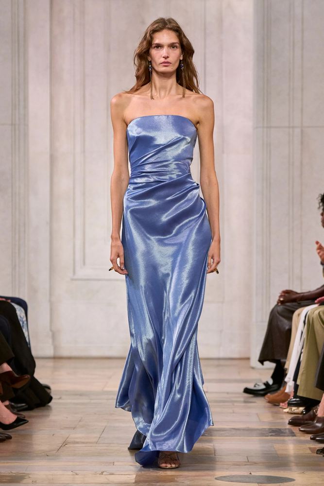 Strapless cornflower satin column gown falling straight to the floor, Ralph Lauren S/S 27, New York.