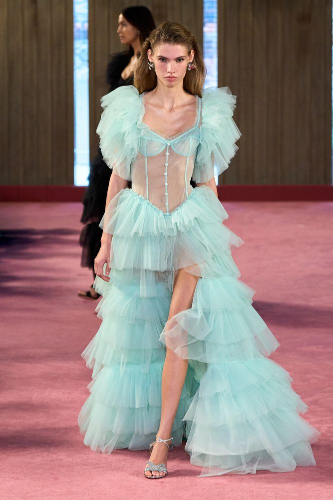 Aqua tulle gown in cascading tiers with a sheer corseted bodice, Blumarine S/S 27, Milan.