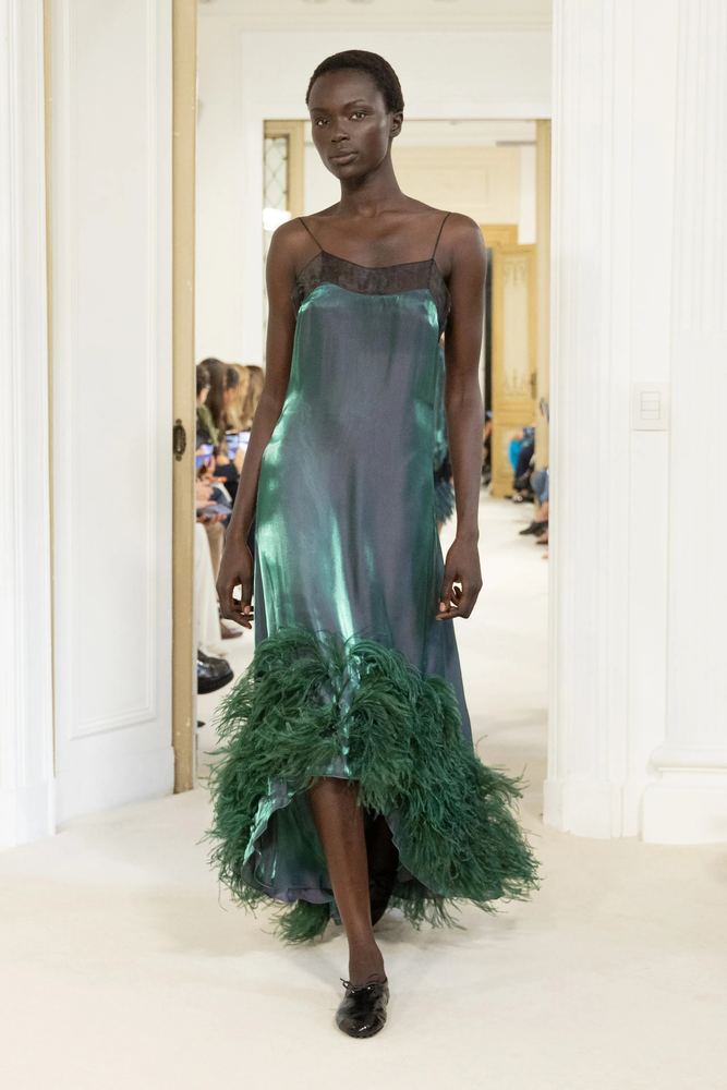 Iridescent teal slip dress finished with a deep feathered hem, Alberta Ferretti S/S 27, Milan.