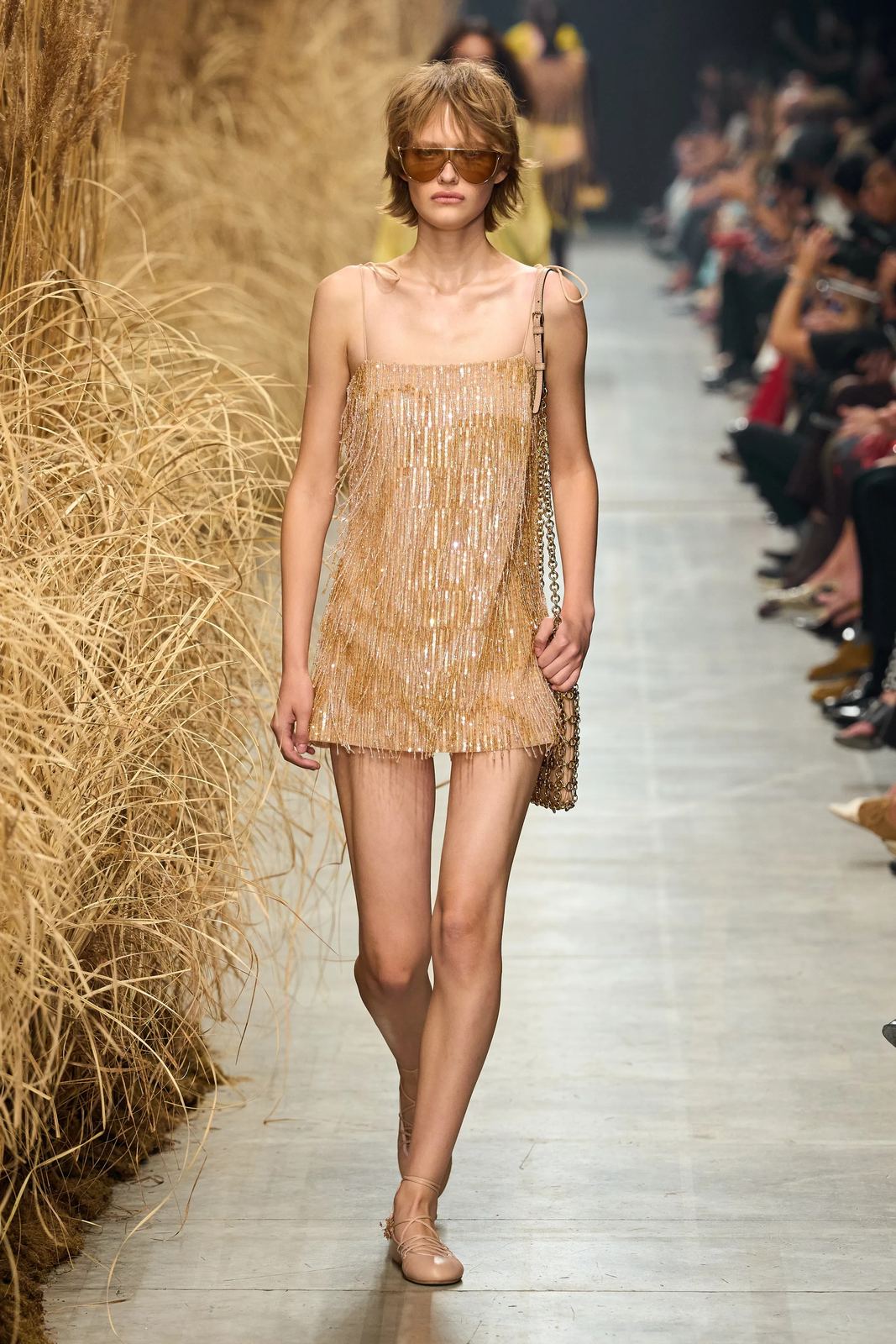 Beaded fringe slip dress in tonal gold, Etro S/S 27, Milan.