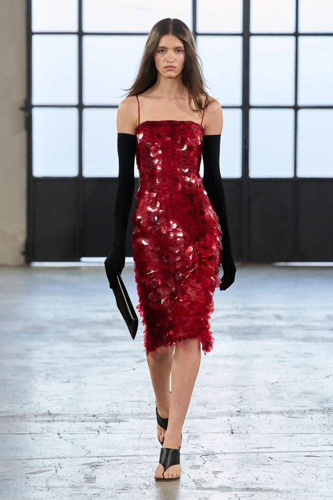 Red paillette slip dress worn with black opera gloves, Elisabetta Franchi S/S 27, Milan.